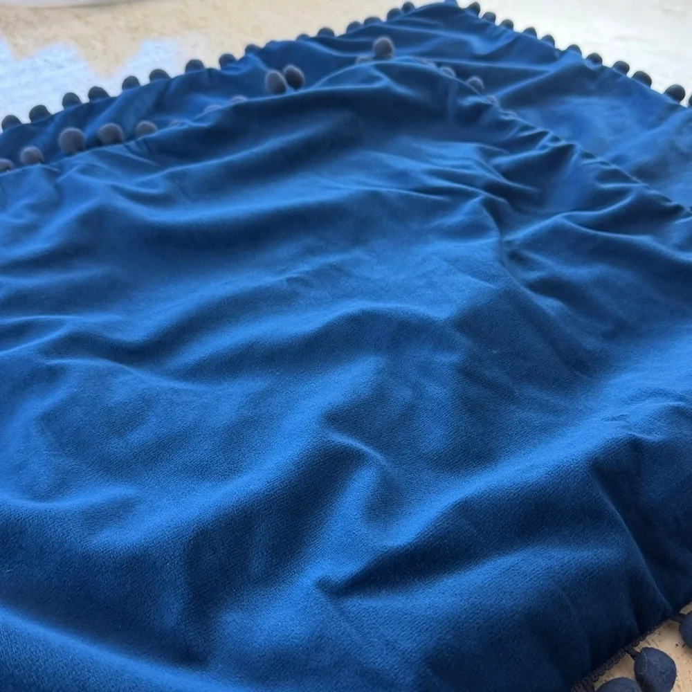 NWOT (2) Pillow Covers Navy Velvet with Pom Pom Accent soft, classic, fun